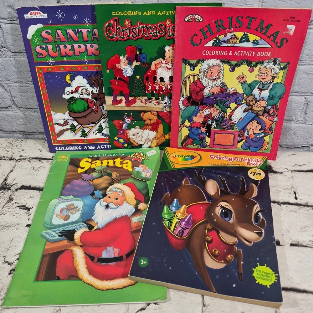 Christmas Santa Coloring Sticker Activity Books Lot Of 5 Vintage Unmarked